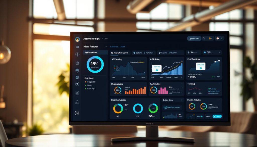 A sleek, modern email marketing AI tools dashboard prominently displayed on a high-resolution screen. In the foreground, easy-to-read optimization features illustrated with interactive graphs, percentage metrics, and color-coded performance indicators. The middle ground features a user interface showcasing options for A/B testing, personalization strategies, and predictive analytics, all arranged in an organized and user-friendly layout. The background is a softly blurred office environment with warm, natural lighting streaming in from large windows, creating an inviting atmosphere. The focus is on the dashboard to convey innovation and efficiency in digital marketing tools. The scene has a professional mood, reflecting the impact of AI on marketing strategies, devoid of any text or logos.