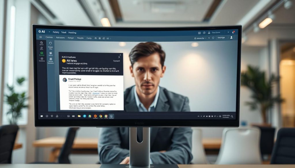 A sleek, modern interface of an AI email rephrasing tool displayed on a computer screen. The foreground features a dynamic layout showing an email draft being analyzed with colorful visualizations representing natural language processing. In the middle, a person in professional attire is focused on the screen, their expression one of concentration and curiosity. The background showcases a contemporary office environment with soft, diffused lighting, creating a professional and inviting atmosphere. The image is captured from a slight overhead angle for depth, emphasizing the user experience with technology. The overall mood is innovative and forward-thinking, highlighting AI's role in personalizing and enhancing communication.