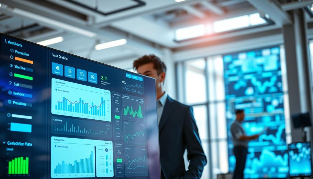 A sleek, modern machine learning email creation dashboard displayed on a large screen in a well-lit, futuristic office environment. The foreground features a clear, vibrant interface showcasing various predictive analytics graphs and metrics, vibrant colors like blue and green for a tech-savvy feel. The middle layer includes an attentive professional, dressed in business attire, analyzing the dashboard's data with a focused expression. The background shows blurred outlines of high-tech equipment and digital displays, creating a dynamic atmosphere. Soft, natural lighting streams through large windows, creating a calm yet professional environment. The overall mood is innovative and engaging, highlighting the intersection of technology and effective communication in the business world.