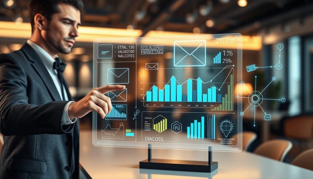 A sleek, modern workspace featuring a digital interface showcasing graphs and data analytics related to email optimization through machine learning. In the foreground, a professional individual dressed in business attire is interacting with a transparent touchscreen display filled with vibrant charts, emails, and algorithms flowing around them, symbolizing the dynamic nature of AI in email marketing. In the middle ground, holographic elements illustrate interconnected data points and AI neural networks, emphasizing the technology's complexity. The background includes blurred office elements with warm, inviting lighting that creates a focused yet innovative atmosphere. Use a slightly low angle to create depth and make the interface appear prominent, while keeping the overall composition clean and professional.