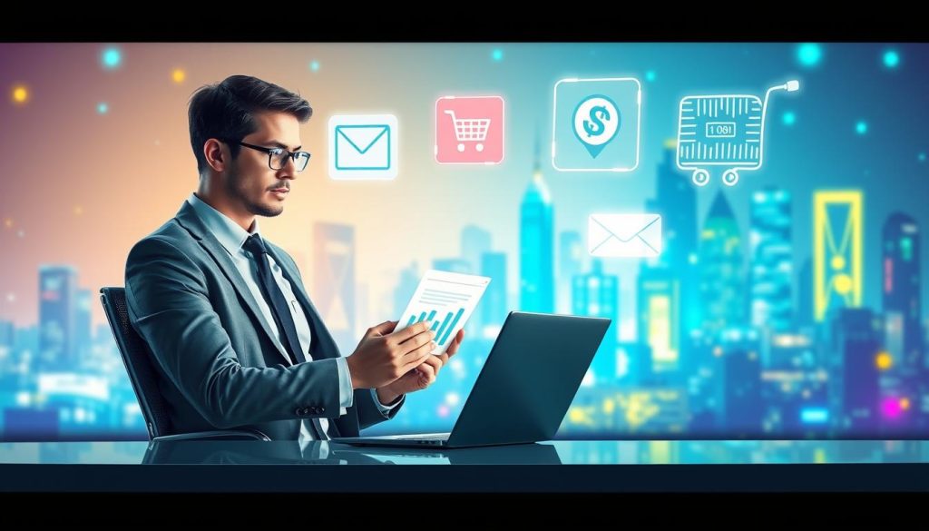 A visually compelling illustration depicting industry-specific email automation across various sectors. In the foreground, a professional businessperson in smart attire is seated at a sleek modern desk, intently reviewing email analytics on a laptop with visual graphs and charts displayed. In the middle ground, diverse digital icons representing healthcare, finance, retail, and technology sectors float above their respective areas, symbolizing automation in those industries. Each icon is distinct, showcasing elements like a stethoscope for healthcare, a dollar sign for finance, a shopping cart for retail, and a circuit board for technology. The background features an abstract digital skyline, illuminated with vibrant blues and greens, conveying a sense of innovation and forward-thinking. The overall ambiance is bright and optimistic, highlighting the potential of AI in business communication.