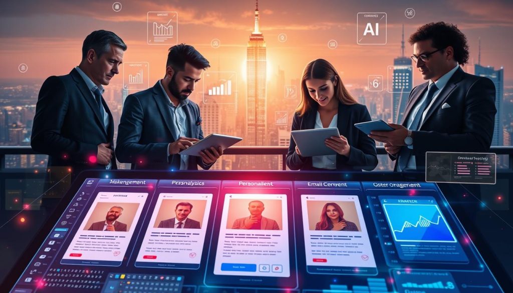 A visually engaging depiction of the evolution of AI-driven email campaigns, showcasing a layered composition. In the foreground, a sleek, modern digital interface displays vibrant graphics of personalized emails, with bullet points illustrating AI analytics and user engagement metrics. The middle section features diverse professionals—men and women in smart business attire—collaborating around tablets and laptops, illustrating teamwork and strategy. In the background, a futuristic city skyline is bathed in soft, ambient lighting, with digital elements like floating graphs and AI algorithm visuals interspersed. The overall atmosphere is dynamic and innovative, capturing the transformative role of AI in email marketing, illuminated by warm, inviting tones that convey a sense of progress and collaboration.