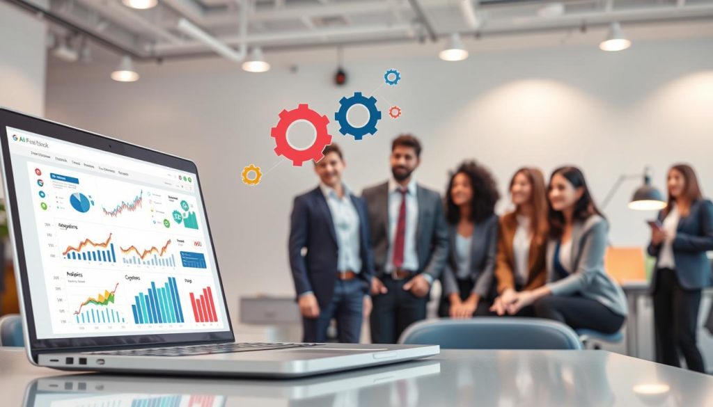 A visually engaging digital illustration representing "email optimization algorithms for retail marketing." In the foreground, depict a sleek laptop displaying email analytics with colorful graphs and data visualizations. Include a diverse group of professionals in business attire, collaborating around the laptop, showing expressions of enthusiasm and focus. In the middle ground, incorporate symbolic elements like gears and flowcharts that represent algorithmic processes, hovering around the laptop. The background should feature a modern office environment with soft, diffused lighting creating a productive atmosphere. Use a slightly angled top-down view to provide depth, while maintaining clarity on the laptop's screen content. The overall mood should convey innovation, collaboration, and success in utilizing AI for email marketing testing. A visually engaging digital illustration representing "email optimization algorithms for retail marketing." In the foreground, depict a sleek laptop displaying email analytics with colorful graphs and data visualizations. Include a diverse group of professionals in business attire, collaborating around the laptop, showing expressions of enthusiasm and focus. In the middle ground, incorporate symbolic elements like gears and flowcharts that represent algorithmic processes, hovering around the laptop. The background should feature a modern office environment with soft, diffused lighting creating a productive atmosphere. Use a slightly angled top-down view to provide depth, while maintaining clarity on the laptop's screen content. The overall mood should convey innovation, collaboration, and success in utilizing AI for email marketing testing.