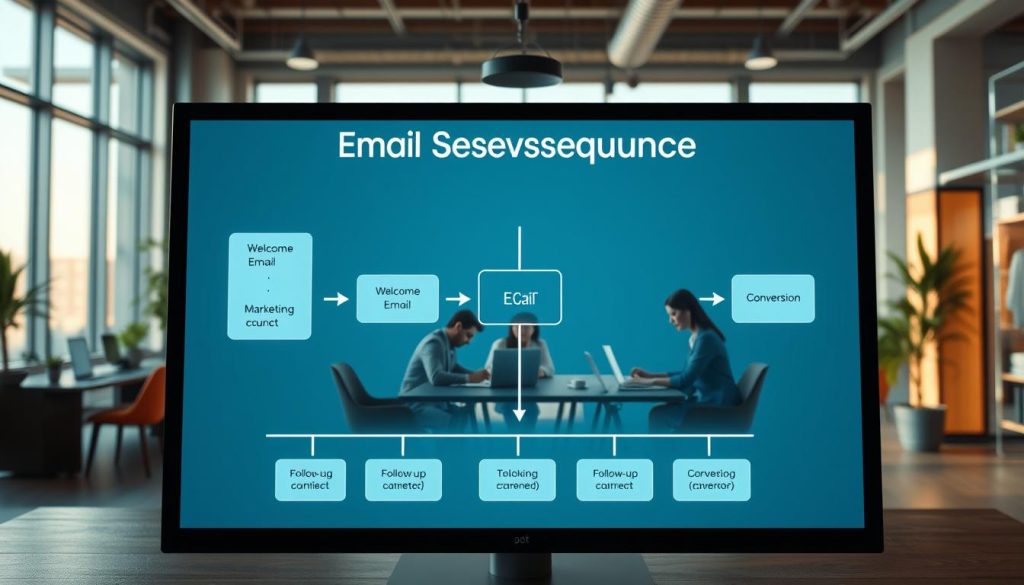 A visually engaging illustration representing an email sequence definition and marketing automation workflow. In the foreground, display a stylized digital screen showing an organized flowchart with arrows connecting various stages of an email sequence, such as 'Welcome Email', 'Follow-up', and 'Conversion'. In the middle, include professional figures in business attire working collaboratively around a table with laptops, analyzing data on their devices. The background features a modern office space with large windows allowing soft, natural light to filter in, creating a warm and productive atmosphere. Use a cinematic angle to emphasize the workflow visually, ensuring clarity and focus on the email automation concept. A visually engaging illustration representing an email sequence definition and marketing automation workflow. In the foreground, display a stylized digital screen showing an organized flowchart with arrows connecting various stages of an email sequence, such as 'Welcome Email', 'Follow-up', and 'Conversion'. In the middle, include professional figures in business attire working collaboratively around a table with laptops, analyzing data on their devices. The background features a modern office space with large windows allowing soft, natural light to filter in, creating a warm and productive atmosphere. Use a cinematic angle to emphasize the workflow visually, ensuring clarity and focus on the email automation concept.