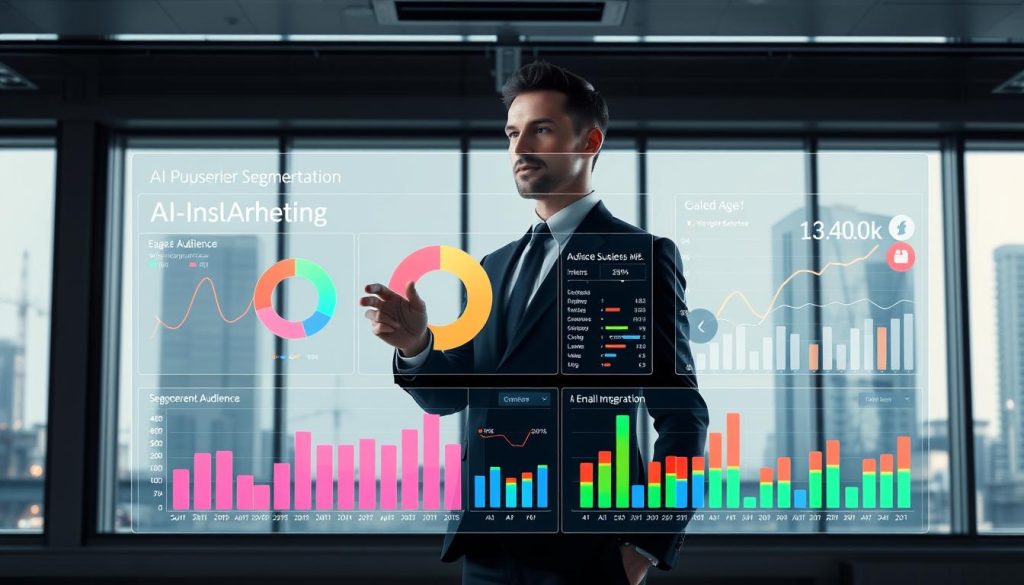 A visually striking data visualization representing AI-powered subscriber segmentation, set against a sleek, modern office background. In the foreground, an interactive dashboard displays colorful graphs and charts, showcasing segmented audience metrics such as age, interests, and engagement rates. The middle layer features a professional business person, dressed in smart attire, analyzing the data on a transparent touchscreen display, with an expression of focus and insight. Soft, diffused lighting enhances the professional atmosphere, while a futuristic city skyline can be glimpsed through large windows in the background. The scene conveys a mood of innovation and data-driven decision-making in the realm of email marketing, highlighting the transformative power of AI in audience segmentation. A visually striking data visualization representing AI-powered subscriber segmentation, set against a sleek, modern office background. In the foreground, an interactive dashboard displays colorful graphs and charts, showcasing segmented audience metrics such as age, interests, and engagement rates. The middle layer features a professional business person, dressed in smart attire, analyzing the data on a transparent touchscreen display, with an expression of focus and insight. Soft, diffused lighting enhances the professional atmosphere, while a futuristic city skyline can be glimpsed through large windows in the background. The scene conveys a mood of innovation and data-driven decision-making in the realm of email marketing, highlighting the transformative power of AI in audience segmentation.