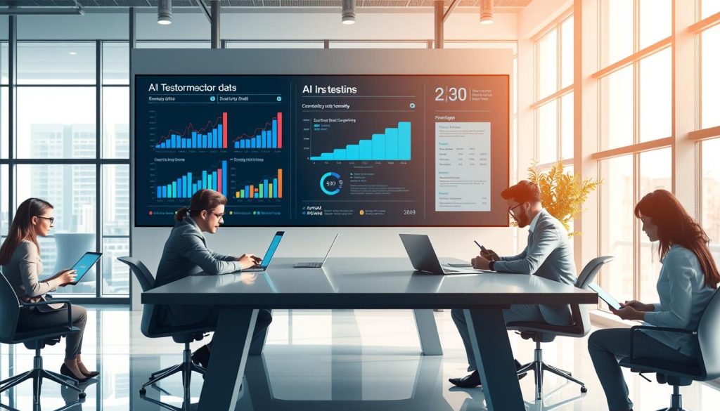 A visually striking illustration depicting "AI email best practices for testing and optimization" in a corporate setting. In the foreground, a diverse group of professionals, dressed in business attire, attentively analyzing email campaign data on laptops and tablets around a sleek conference table. The middle of the scene features a large digital screen displaying graphs, A/B testing results, and AI-generated email templates. In the background, a modern office with large windows allowing natural light to flood the space, enhancing a productive and innovative atmosphere. The lighting is bright yet soft, creating an inviting mood. The composition is balanced, with a clear focus on collaboration and strategizing in email marketing, showcasing the intersection of technology and human insight.
