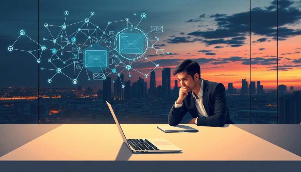 A visually striking illustration depicting the challenges of AI in email marketing, with a focus on data privacy concerns. In the foreground, a business professional in smart attire sits at a modern workstation, looking thoughtfully at an open laptop displaying complex data analytics and email templates. The middle ground features a digital representation of network connections and data streams, symbolizing the intricacies of AI and marketing. The background encompasses a city skyline under a dusky sky, conveying a sense of modernity and technological advancement. Soft, warm lighting casts gentle shadows, creating an atmosphere of contemplation and urgency. The composition should evoke a sense of caution, highlighting the delicate balance between innovation and privacy in a sleek, professional environment.