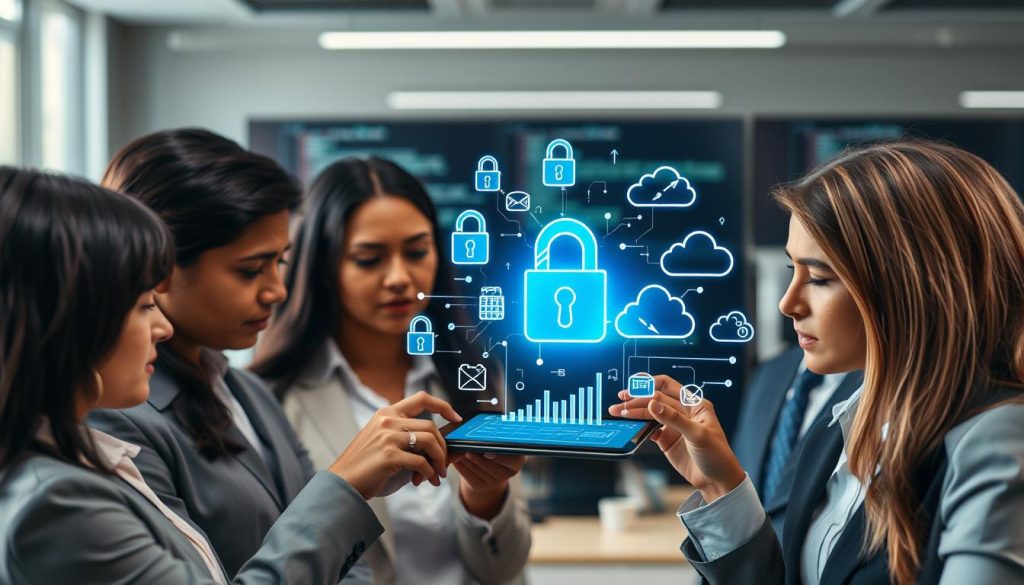 A visually striking illustration of the challenges involved in implementing AI in email marketing, centered around a professional business environment. In the foreground, a diverse group of business professionals in modest business attire discuss a digital tablet displaying email analytics, their expressions reflecting concern. In the middle, a montage of data privacy icons like locks, shields, and digital clouds, symbolizing the complex interplay of AI technology and data privacy challenges in email marketing. The background features an office setting with computer screens showing lines of code and email interfaces, bathed in soft, ambient lighting to enhance focus. Capture a contemplative mood, emphasizing the weight of privacy concerns amid technological advancement, using a slight depth of field to center the viewers’ attention on the professionals and their interactions with the digital elements.