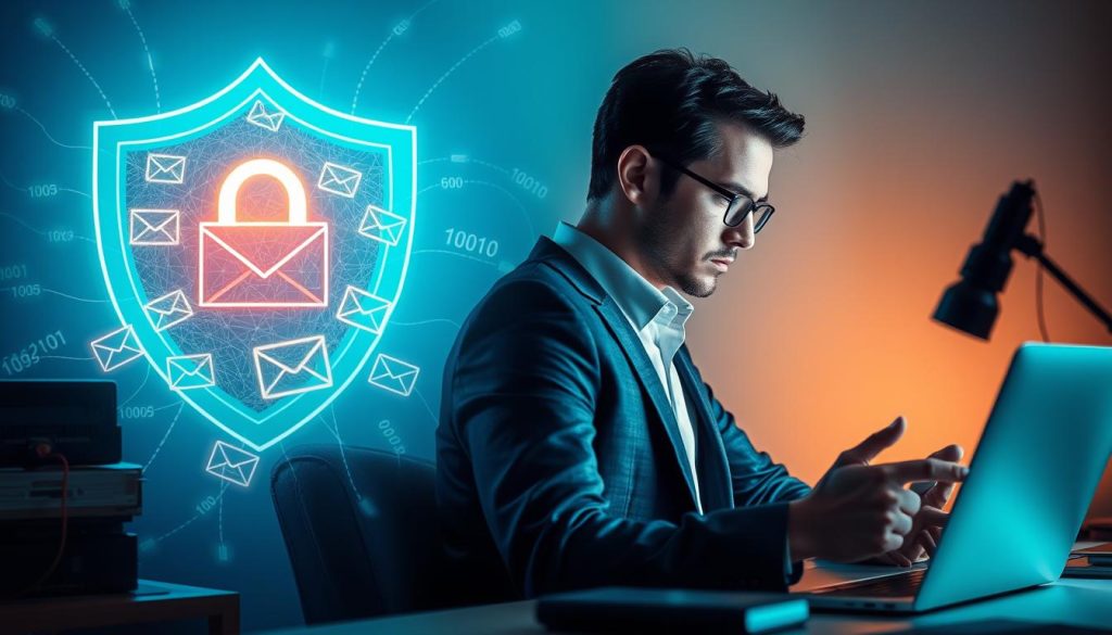 A visually striking representation of data privacy challenges in email marketing, showcasing a split scene. In the foreground, a professional individual in business attire, sitting at a desk cluttered with digital devices, looks concerned as they analyze data on a laptop screen glowing with email analytics. In the middle ground, a series of email icons are entangled in a web of interconnected data streams, symbolizing segmentation. The background features a stylized abstract shield, representing privacy and security, with faint binary code subtly integrated. Soft blue and green lighting creates a tech-savvy atmosphere, highlighting the tension between data-driven marketing and privacy concerns. The angle is slightly elevated to provide depth, emphasizing the complexity of the challenges faced in AI email segmentation. A visually striking representation of data privacy challenges in email marketing, showcasing a split scene. In the foreground, a professional individual in business attire, sitting at a desk cluttered with digital devices, looks concerned as they analyze data on a laptop screen glowing with email analytics. In the middle ground, a series of email icons are entangled in a web of interconnected data streams, symbolizing segmentation. The background features a stylized abstract shield, representing privacy and security, with faint binary code subtly integrated. Soft blue and green lighting creates a tech-savvy atmosphere, highlighting the tension between data-driven marketing and privacy concerns. The angle is slightly elevated to provide depth, emphasizing the complexity of the challenges faced in AI email segmentation.