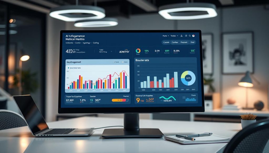 An AI-driven email performance metrics dashboard displayed on a sleek desktop monitor. In the foreground, key engagement indicators like open rates, click-through rates, and bounce rates are prominently visible, represented with colorful graphs and pie charts. The middle layer features a professional workspace with a neatly organized desk, including a laptop and notepad, conveying a sense of productivity. In the background, soft ambient lighting illuminates modern office decor, with minimalistic design elements that reflect a tech-savvy environment. The scene should evoke a mood of innovation and analytical insight, captured from a slightly tilted angle to emphasize the dashboard's details, while maintaining a clean and focused composition. No text or additional annotations present.