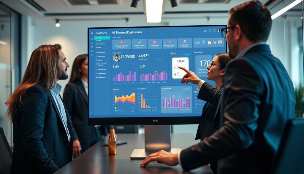 An advanced AI-powered email personalization dashboard, featuring a sleek user interface displayed on a modern computer screen. In the foreground, the dashboard showcases vibrant graphs and metrics reflecting dynamic content generation, with visual elements like personalized email previews and recipient engagement statistics. The middle layer reveals a diverse group of professionals, dressed in smart business attire, engaged in a discussion about the analytics displayed, with one pointing at the screen. The background is a contemporary office setting with soft ambient lighting, creating a focused yet inspiring atmosphere. The overall mood is innovative and professional, highlighting the cutting-edge use of AI in marketing strategies. The angle of the shot is slightly elevated, emphasizing the dashboard while capturing the collaborative energy of the team.