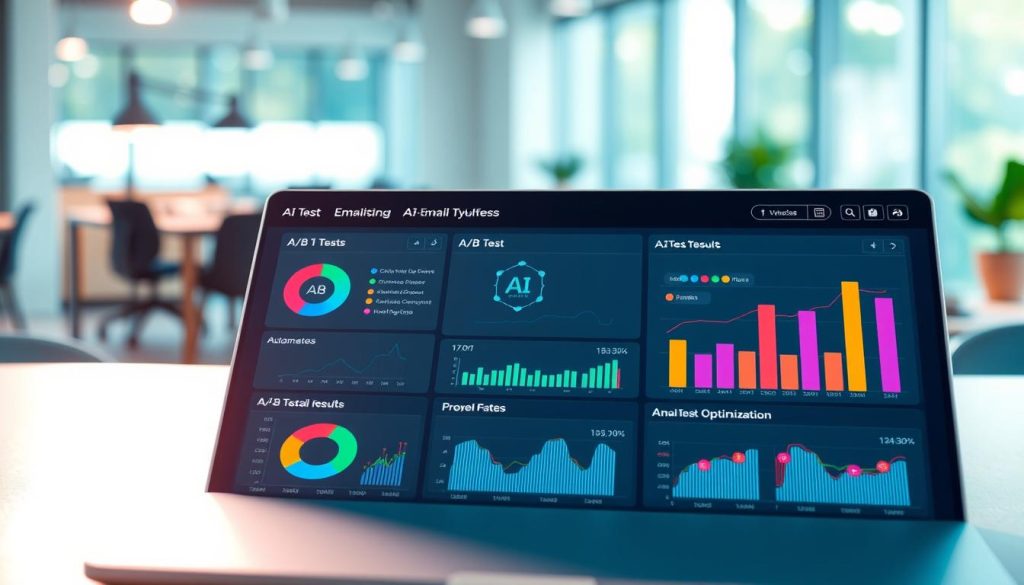 An advanced AI-powered email testing dashboard viewed from a slightly elevated angle, showcasing vibrant graphs and metrics that illustrate automated optimization processes. In the foreground, a sleek, modern interface displays distinct color-coded A/B test results with analytics visualizations, including pie charts and bar graphs. The middle section features an innovative AI algorithm icon, suggesting intelligent analysis, while in the background, a blurred office setting with soft, natural lighting conveys a professional atmosphere. The color palette consists of calming blues and greens, enhancing the tech-savvy mood. There's an overall sense of efficiency and sophistication, epitomizing the integration of AI in optimizing email marketing strategies. An advanced AI-powered email testing dashboard viewed from a slightly elevated angle, showcasing vibrant graphs and metrics that illustrate automated optimization processes. In the foreground, a sleek, modern interface displays distinct color-coded A/B test results with analytics visualizations, including pie charts and bar graphs. The middle section features an innovative AI algorithm icon, suggesting intelligent analysis, while in the background, a blurred office setting with soft, natural lighting conveys a professional atmosphere. The color palette consists of calming blues and greens, enhancing the tech-savvy mood. There's an overall sense of efficiency and sophistication, epitomizing the integration of AI in optimizing email marketing strategies.