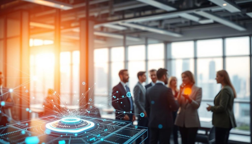 An advanced design concept for natural language generation technology focused on email creation. In the foreground, a sleek, futuristic interface displays dynamic algorithms and data streams flowing effortlessly, symbolizing AI intelligence. The middle ground features a diverse group of professionals in business attire, engaged in a collaborative discussion around a digital interface, showcasing a blend of creativity and technology. In the background, a modern office environment with large windows revealing a city skyline, infused with warm, natural light illuminating the scene. The atmosphere is optimistic and innovative, reflecting the excitement of future trends in AI email generation. A gentle focus creates a sense of depth, with a slight bokeh effect on the background elements.