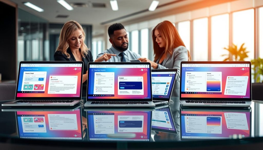 An illustrated comparison of AI email tools customization, featuring a sleek, modern workspace in the foreground. On a glass table, several laptops display vibrant user interfaces of various email tools, each showcasing a unique customization option like template designs, color schemes, and feature settings. In the middle ground, a diverse group of professionals in business attire (a Caucasian woman, a Black man, and an Asian woman) are engaged in a discussion, pointing at the screens and taking notes. The background reveals soft-focus office decor with modern lighting, creating a bright and innovative atmosphere. The scene is captured with a wide-angle lens, emphasizing collaboration and technology in a professional setting, highlighting the contrast of tool features and user interaction. An illustrated comparison of AI email tools customization, featuring a sleek, modern workspace in the foreground. On a glass table, several laptops display vibrant user interfaces of various email tools, each showcasing a unique customization option like template designs, color schemes, and feature settings. In the middle ground, a diverse group of professionals in business attire (a Caucasian woman, a Black man, and an Asian woman) are engaged in a discussion, pointing at the screens and taking notes. The background reveals soft-focus office decor with modern lighting, creating a bright and innovative atmosphere. The scene is captured with a wide-angle lens, emphasizing collaboration and technology in a professional setting, highlighting the contrast of tool features and user interaction.