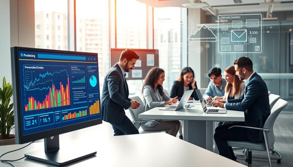 An illustration depicting AI personalization algorithms for email marketing tools, showcasing a futuristic, sleek digital interface. In the foreground, a computer monitor displays colorful graphs, charts, and data points representing personalized email metrics. In the middle, a diverse team of professionals in smart business attire collaborates around a modern office table, analyzing data on laptops and tablets, with expressions of focus and creativity. The background features a bright, tech-inspired workspace with large windows letting in natural light, and holographic displays of email campaigns and user demographics above the table. The overall atmosphere is one of innovation and collaboration, highlighting the power of AI in marketing. High detail, vibrant colors, soft focus on the background, shot from a slightly elevated angle to capture the workspace dynamics. An illustration depicting AI personalization algorithms for email marketing tools, showcasing a futuristic, sleek digital interface. In the foreground, a computer monitor displays colorful graphs, charts, and data points representing personalized email metrics. In the middle, a diverse team of professionals in smart business attire collaborates around a modern office table, analyzing data on laptops and tablets, with expressions of focus and creativity. The background features a bright, tech-inspired workspace with large windows letting in natural light, and holographic displays of email campaigns and user demographics above the table. The overall atmosphere is one of innovation and collaboration, highlighting the power of AI in marketing. High detail, vibrant colors, soft focus on the background, shot from a slightly elevated angle to capture the workspace dynamics.