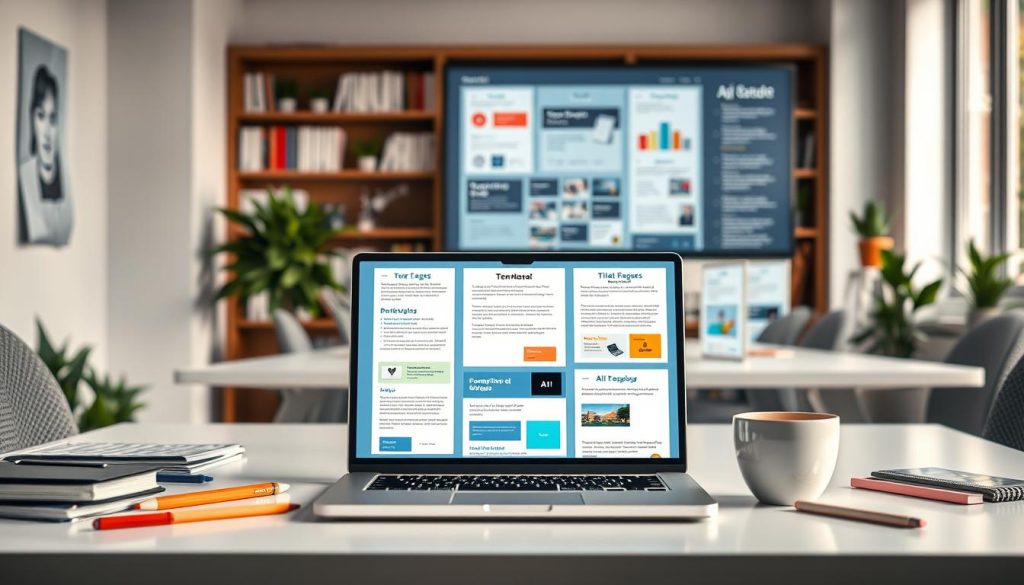 An inviting office workspace featuring a clean desktop with an open laptop displaying various email templates generated by AI. The foreground showcases the laptop screen clearly showing colorful, professionally designed email layouts with placeholders for titles, images, and body text. Surrounding the laptop, scattered stationery and a cup of coffee blend into the scene, evoking a creative environment. In the middle ground, a large monitor displays graphical representations of AI algorithms and flowcharts related to email generation technology. The background is softly blurred with shelves of business books and plants for warmth. The lighting is bright and natural, coming from a nearby window, enhancing the focus on the technology. The mood is innovative, professional, and inspiring, suitable for exploring the role of templates in AI email generation. An inviting office workspace featuring a clean desktop with an open laptop displaying various email templates generated by AI. The foreground showcases the laptop screen clearly showing colorful, professionally designed email layouts with placeholders for titles, images, and body text. Surrounding the laptop, scattered stationery and a cup of coffee blend into the scene, evoking a creative environment. In the middle ground, a large monitor displays graphical representations of AI algorithms and flowcharts related to email generation technology. The background is softly blurred with shelves of business books and plants for warmth. The lighting is bright and natural, coming from a nearby window, enhancing the focus on the technology. The mood is innovative, professional, and inspiring, suitable for exploring the role of templates in AI email generation.