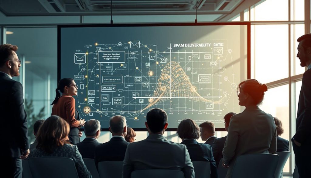A conceptual illustration depicting the limitations of AI in email marketing, focusing on spam detection algorithms. In the foreground, a diverse group of professionals in smart business attire are discussing a complex graph showcasing email deliverability rates. In the middle ground, a large digital screen displays an abstract representation of AI algorithms, charts, and spam filters, with glowing connections. The background features a modern office environment with large windows and soft, natural light streaming in, casting gentle shadows. The overall atmosphere is serious yet hopeful, reflecting the struggle and innovation within AI and email marketing. Capture this scene with a dynamic angle to emphasize the interaction and technology at play. A conceptual illustration depicting the limitations of AI in email marketing, focusing on spam detection algorithms. In the foreground, a diverse group of professionals in smart business attire are discussing a complex graph showcasing email deliverability rates. In the middle ground, a large digital screen displays an abstract representation of AI algorithms, charts, and spam filters, with glowing connections. The background features a modern office environment with large windows and soft, natural light streaming in, casting gentle shadows. The overall atmosphere is serious yet hopeful, reflecting the struggle and innovation within AI and email marketing. Capture this scene with a dynamic angle to emphasize the interaction and technology at play.