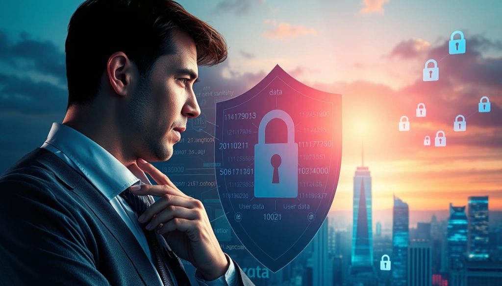 A conceptual illustration highlighting data privacy concerns in AI personalization technology. In the foreground, a thoughtful professional, dressed in business attire, examines a digital screen filled with complex algorithms and user data icons. The middle ground features a translucent shield symbolizing data security, partially obscuring the screen, representing the tension between personalization and privacy. In the background, an abstract cityscape symbolizes the digital world, with floating data matrices and lock symbols, set against a moody twilight sky. Use dramatic, cool lighting to evoke a sense of urgency and concern. The angle should be slightly tilted to create a dynamic and engaging composition that encapsulates the challenges of AI personalization in a visually impactful way.