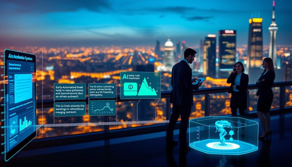 A dynamic timeline illustrating the evolution of AI in marketing strategies, showcasing key milestones from early automated emails to sophisticated AI-driven outreach. In the foreground, feature a sleek digital interface displaying graphical data points and stats related to cold messaging effectiveness, emphasizing growth through vibrant colors like blue and green. In the middle ground, depict professionals in business attire engaged in thoughtful discussions, analyzing AI impact on marketing, with holographic screens around them. The background should feature a futuristic cityscape illuminated by soft, ambient lighting to convey innovation and progress. Incorporate a sense of optimism and professionalism in the atmosphere, highlighting the potential of AI in shaping effective marketing practices. A dynamic timeline illustrating the evolution of AI in marketing strategies, showcasing key milestones from early automated emails to sophisticated AI-driven outreach. In the foreground, feature a sleek digital interface displaying graphical data points and stats related to cold messaging effectiveness, emphasizing growth through vibrant colors like blue and green. In the middle ground, depict professionals in business attire engaged in thoughtful discussions, analyzing AI impact on marketing, with holographic screens around them. The background should feature a futuristic cityscape illuminated by soft, ambient lighting to convey innovation and progress. Incorporate a sense of optimism and professionalism in the atmosphere, highlighting the potential of AI in shaping effective marketing practices.