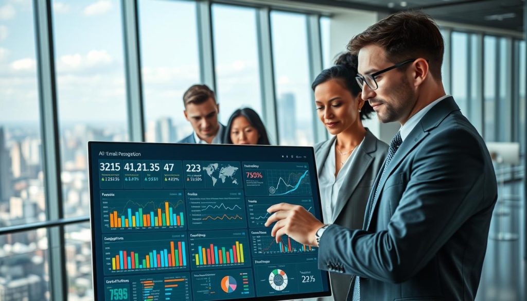 A futuristic AI email personalization tools dashboard set in a sleek, modern office environment. In the foreground, an interactive screen displays colorful graphs, charts, and user engagement metrics, highlighting real-time email performance analytics. The middle ground features a diverse group of three professionals in business attire, analyzing the dashboard with expressions of focus and determination. In the background, large windows offer a panoramic city view, allowing natural light to flood the space, enhancing the tech-savvy atmosphere. The overall mood conveys innovation and collaboration, emphasizing the cutting-edge nature of AI in email marketing. The image should be sharp and well-lit, focusing on the details of the dashboard, with a slight depth of field to draw attention to the foreground actions.