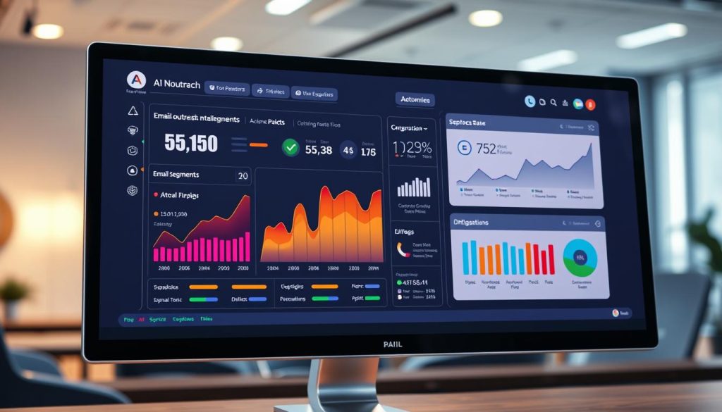 A futuristic AI-powered email outreach technology dashboard prominently displayed on a sleek, modern computer screen. In the foreground, there are vibrant graphs and analytics showcasing response rates, engagement metrics, and optimization suggestions. The middle ground features a stylized interface with icons representing various tools for email segmentation and personalization. The background incorporates a softly blurred office environment with ambient lighting, adding a professional atmosphere. Use a wide-angle lens effect to enhance the depth of the scene, creating an engaging and dynamic visual. The overall mood is sophisticated and innovative, reflecting the transformative role of artificial intelligence in enhancing communication strategies.