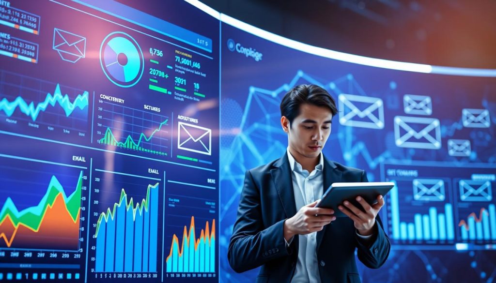 A futuristic dashboard displaying machine learning trends in email personalization. In the foreground, sleek data visualization graphs and charts featuring vibrant colors like blue, green, and orange, indicating real-time analytics. In the middle ground, a professional individual in business attire, focused and engaged, interacting with the dashboard using a touchscreen interface. In the background, an abstract, tech-inspired design with digital circuits and faint outlines of emails to symbolize connectivity and communication. The lighting is bright and clear, with a soft glow illuminating the screens, evoking a sense of innovation and advancement. The atmosphere is dynamic and forward-thinking, capturing the essence of the future of AI in email marketing.
