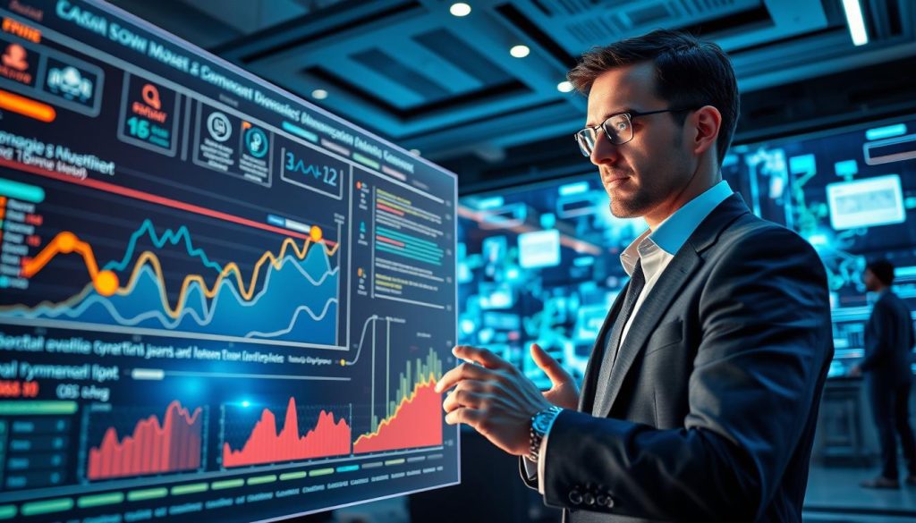 A futuristic digital workspace featuring an advanced AI email marketing system at work. In the foreground, a sleek, translucent interface displays vibrant graphs and data analytics, showcasing communication patterns and engagement metrics. In the middle, a professional businessperson in smart attire is analyzing the data, their focused expression illuminated by the soft glow of holographic displays. The background consists of a high-tech office environment with large screens showing email flows and network connections, bathed in soft, cool blue and green lighting to create a tech-savvy atmosphere. The angle captures the impressive scale of the workspace while maintaining a sense of intimacy, enveloped in a mood of innovation and progress. A futuristic digital workspace featuring an advanced AI email marketing system at work. In the foreground, a sleek, translucent interface displays vibrant graphs and data analytics, showcasing communication patterns and engagement metrics. In the middle, a professional businessperson in smart attire is analyzing the data, their focused expression illuminated by the soft glow of holographic displays. The background consists of a high-tech office environment with large screens showing email flows and network connections, bathed in soft, cool blue and green lighting to create a tech-savvy atmosphere. The angle captures the impressive scale of the workspace while maintaining a sense of intimacy, enveloped in a mood of innovation and progress.