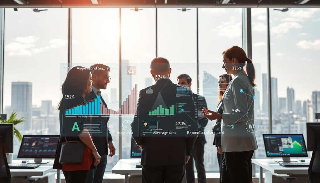 A futuristic office environment, depicting advanced behavioral targeting automation technologies. In the foreground, a professional, diverse team of businesspeople in smart casual attire is collaborating over a transparent digital interface filled with colorful graphs, user data, and AI algorithms. The middle ground features sleek, high-tech workstations with glowing screens displaying personalized content suggestions. In the background, large windows reveal a modern cityscape under a bright, sunny sky, symbolizing innovation. Soft, natural lighting spills into the room, enhancing the high-tech atmosphere. The overall mood is optimistic and futuristic, highlighting the potential of AI in personalization and marketing. A wide-angle perspective captures the entire scene, emphasizing both the technology and the teamwork.