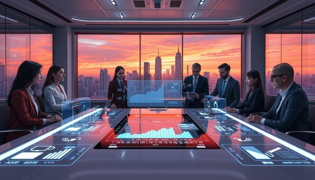 A futuristic office environment illustrating the concept of cold email marketing enhanced by AI technology. In the foreground, a diverse group of professionals in smart business attire collaborates at a sleek, high-tech conference table, utilizing advanced digital devices displaying email analytics and AI-generated proposals. The middle section features holographic projections of email metrics, with glowing graphs and data visualizations. In the background, a panoramic window shows a vibrant city skyline, illuminated by a sunset sky, casting warm light into the room. The atmosphere is dynamic and innovative, promoting a sense of collaboration and forward-thinking. Use soft, futuristic lighting to emphasize the high-tech ambiance, and capture the scene from a slightly elevated angle for depth.
