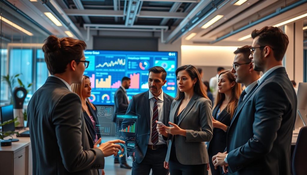 A futuristic office environment showcasing AI-powered lead nurturing and predictive analytics in email marketing. In the foreground, a diverse group of professionals, dressed in smart business attire, interacts with interactive holographic displays that visualize complex data analytics and email campaign performance. In the middle ground, a large digital screen illustrates AI algorithms predicting customer behaviors and preferences with vibrant graphs and charts. The background features sleek, modern office decor with high-tech gadgets and soft ambient lighting, creating a focused yet innovative atmosphere. The scene captures a sense of collaboration and forward-thinking in B2B email marketing. Shot with a wide-angle lens for depth, emphasizing the integration of technology and human expertise in a bright, dynamic setting. A futuristic office environment showcasing AI-powered lead nurturing and predictive analytics in email marketing. In the foreground, a diverse group of professionals, dressed in smart business attire, interacts with interactive holographic displays that visualize complex data analytics and email campaign performance. In the middle ground, a large digital screen illustrates AI algorithms predicting customer behaviors and preferences with vibrant graphs and charts. The background features sleek, modern office decor with high-tech gadgets and soft ambient lighting, creating a focused yet innovative atmosphere. The scene captures a sense of collaboration and forward-thinking in B2B email marketing. Shot with a wide-angle lens for depth, emphasizing the integration of technology and human expertise in a bright, dynamic setting.