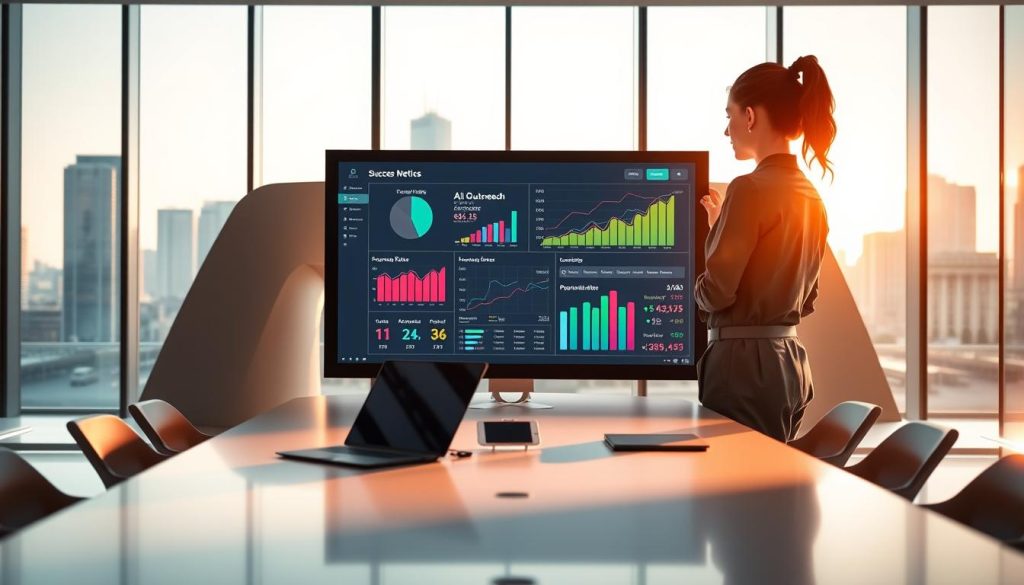 A futuristic office environment showcasing a sleek, modern conference room. In the foreground, a professional woman in business attire, analyzing a digital dashboard on a large screen displaying various success metrics related to AI outreach response rates. The metrics are depicted with colorful charts and graphs, showing upward trends. In the middle, an elegant table with laptops and digital devices, hinting at collaborative efforts. In the background, large windows reveal a bright city skyline, filled with natural light that emphasizes a productive, optimistic atmosphere. The lighting is warm and inviting, with a focus on the screen’s data to symbolize innovation and success in AI-driven outreach strategies. A futuristic office environment showcasing a sleek, modern conference room. In the foreground, a professional woman in business attire, analyzing a digital dashboard on a large screen displaying various success metrics related to AI outreach response rates. The metrics are depicted with colorful charts and graphs, showing upward trends. In the middle, an elegant table with laptops and digital devices, hinting at collaborative efforts. In the background, large windows reveal a bright city skyline, filled with natural light that emphasizes a productive, optimistic atmosphere. The lighting is warm and inviting, with a focus on the screen’s data to symbolize innovation and success in AI-driven outreach strategies.