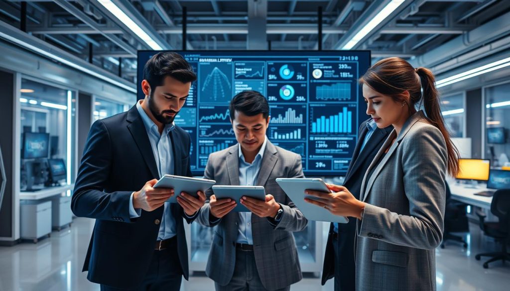 A futuristic office environment showcasing an AI-driven email outreach personalization strategy. In the foreground, a diverse group of three professionals—two men and one woman—are analyzing data on sleek digital tablets, dressed in smart business attire. The middle section features a large screen displaying intricate graphs, statistics, and personalized email templates, while virtual data streams emanate from the display. In the background, a modern workspace with high-tech equipment and ambient lighting creates a sophisticated atmosphere. The image is brightly lit, emphasizing a clean and organized space, captured from a slightly elevated angle to provide a panoramic view of the engaging scene. The mood is focused and innovative, reflecting the synergy between technology and human collaboration in cold email strategies. A futuristic office environment showcasing an AI-driven email outreach personalization strategy. In the foreground, a diverse group of three professionals—two men and one woman—are analyzing data on sleek digital tablets, dressed in smart business attire. The middle section features a large screen displaying intricate graphs, statistics, and personalized email templates, while virtual data streams emanate from the display. In the background, a modern workspace with high-tech equipment and ambient lighting creates a sophisticated atmosphere. The image is brightly lit, emphasizing a clean and organized space, captured from a slightly elevated angle to provide a panoramic view of the engaging scene. The mood is focused and innovative, reflecting the synergy between technology and human collaboration in cold email strategies.