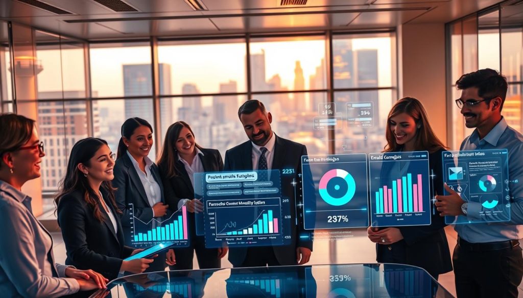 A futuristic office space with a sleek digital interface displaying a vibrant flow of data representing AI-powered lead nurturing behavioral targeting. In the foreground, a diverse team of business professionals in smart casual attire analyzes the data on interactive screens, with expressions of curiosity and focus. In the middle, holographic graphs and charts illustrate personalized email campaigns targeted at specific demographics, showcasing various customer behaviors. The background features a modern city skyline through large windows, illuminated by warm, ambient light that creates a collaborative and innovative atmosphere. The scene conveys a sense of professionalism and the integration of AI in business, with a clean and inviting color palette. A futuristic office space with a sleek digital interface displaying a vibrant flow of data representing AI-powered lead nurturing behavioral targeting. In the foreground, a diverse team of business professionals in smart casual attire analyzes the data on interactive screens, with expressions of curiosity and focus. In the middle, holographic graphs and charts illustrate personalized email campaigns targeted at specific demographics, showcasing various customer behaviors. The background features a modern city skyline through large windows, illuminated by warm, ambient light that creates a collaborative and innovative atmosphere. The scene conveys a sense of professionalism and the integration of AI in business, with a clean and inviting color palette.