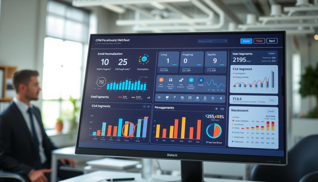A high-tech customer relationship management (CRM) dashboard displayed on a modern computer screen. The foreground features detailed graphs and charts showcasing email personalization metrics, such as open rates, click-through rates, and personalized content effectiveness. The middle layer includes digital icons representing user segments and engagement statistics, surrounded by colorful data visualizations. The background has an office setting with blurred shelves of documents and a soft-focus view of a professional in business attire analyzing the dashboard. The scene is well-lit with natural light streaming through a window, creating a bright and productive atmosphere. The angle captures a slight overhead view of the screen, emphasizing the intricate details of the dashboard while maintaining a clean, professional look. A high-tech customer relationship management (CRM) dashboard displayed on a modern computer screen. The foreground features detailed graphs and charts showcasing email personalization metrics, such as open rates, click-through rates, and personalized content effectiveness. The middle layer includes digital icons representing user segments and engagement statistics, surrounded by colorful data visualizations. The background has an office setting with blurred shelves of documents and a soft-focus view of a professional in business attire analyzing the dashboard. The scene is well-lit with natural light streaming through a window, creating a bright and productive atmosphere. The angle captures a slight overhead view of the screen, emphasizing the intricate details of the dashboard while maintaining a clean, professional look.