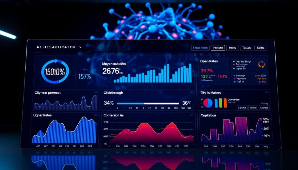A high-tech digital dashboard showcasing performance metrics for an AI cold email generator. In the foreground, sleek graphs and charts display key performance indicators like open rates, click-through rates, and conversion rates, all rendered in vibrant colors. The middle includes a user interface with sliders and dropdown menus that indicate various metrics and filters. In the background, an abstract representation of artificial intelligence, featuring neural networks and binary code, creates a futuristic atmosphere. The lighting is bright and focused, with deep shadows enhancing the contrast of the dashboard elements. The overall mood conveys a sense of innovation and efficiency, ideal for a professional business setting. The environment is clean and modern, emphasizing clarity and precision.
