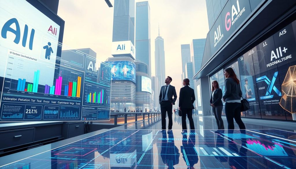 A high-tech digital environment illustrating AI personalization systems analyzing user behavior patterns. In the foreground, a sleek, modern workspace with holographic interfaces displaying colorful graphs and data analytics. In the middle ground, professional business people, dressed in smart attire, are engaged with interactive screens showing user behavior visuals and trends. The background features a futuristic cityscape, with digital billboards displaying AI-related content. Soft, ambient lighting adds a sophisticated, tech-savvy atmosphere, while the perspective is a dynamic upward angle to emphasize the innovation and sophistication of AI technology. The overall mood is one of action and insight, capturing the essence of understanding AI personalization. A high-tech digital environment illustrating AI personalization systems analyzing user behavior patterns. In the foreground, a sleek, modern workspace with holographic interfaces displaying colorful graphs and data analytics. In the middle ground, professional business people, dressed in smart attire, are engaged with interactive screens showing user behavior visuals and trends. The background features a futuristic cityscape, with digital billboards displaying AI-related content. Soft, ambient lighting adds a sophisticated, tech-savvy atmosphere, while the perspective is a dynamic upward angle to emphasize the innovation and sophistication of AI technology. The overall mood is one of action and insight, capturing the essence of understanding AI personalization.