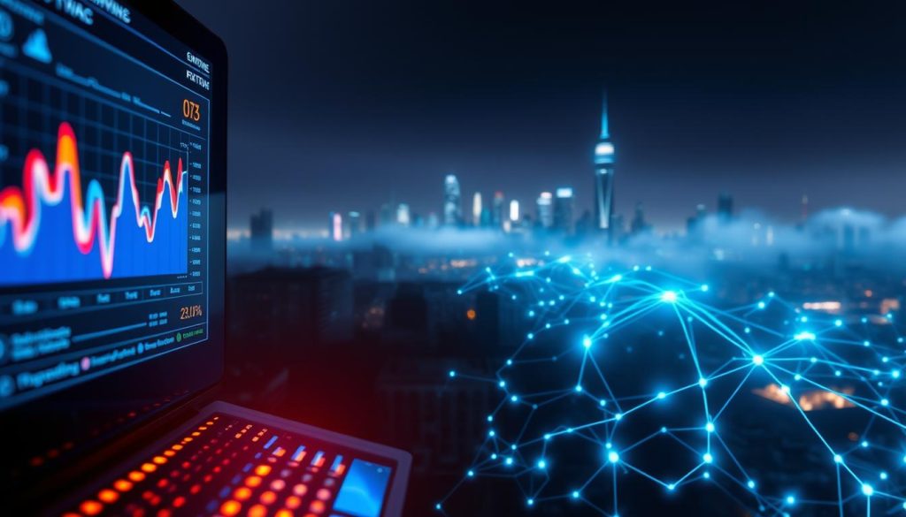 A high-tech visualization of machine learning algorithms used in personalization technology. In the foreground, a digital interface displays dynamic data analytics with vibrant graphs and a glowing neural network. The middle ground features abstract representations of algorithms and pathways branching out like intricate circuitry, illuminated with soft blue and green lights. In the background, a futuristic city skyline fades into a mist, symbolizing the integration of AI in urban environments. The overall mood is one of innovation and intelligence, with a sleek and modern design aesthetic. Use dramatic lighting to create emphasis on the algorithmic elements, captured from a slightly elevated angle to provide depth. A high-tech visualization of machine learning algorithms used in personalization technology. In the foreground, a digital interface displays dynamic data analytics with vibrant graphs and a glowing neural network. The middle ground features abstract representations of algorithms and pathways branching out like intricate circuitry, illuminated with soft blue and green lights. In the background, a futuristic city skyline fades into a mist, symbolizing the integration of AI in urban environments. The overall mood is one of innovation and intelligence, with a sleek and modern design aesthetic. Use dramatic lighting to create emphasis on the algorithmic elements, captured from a slightly elevated angle to provide depth.