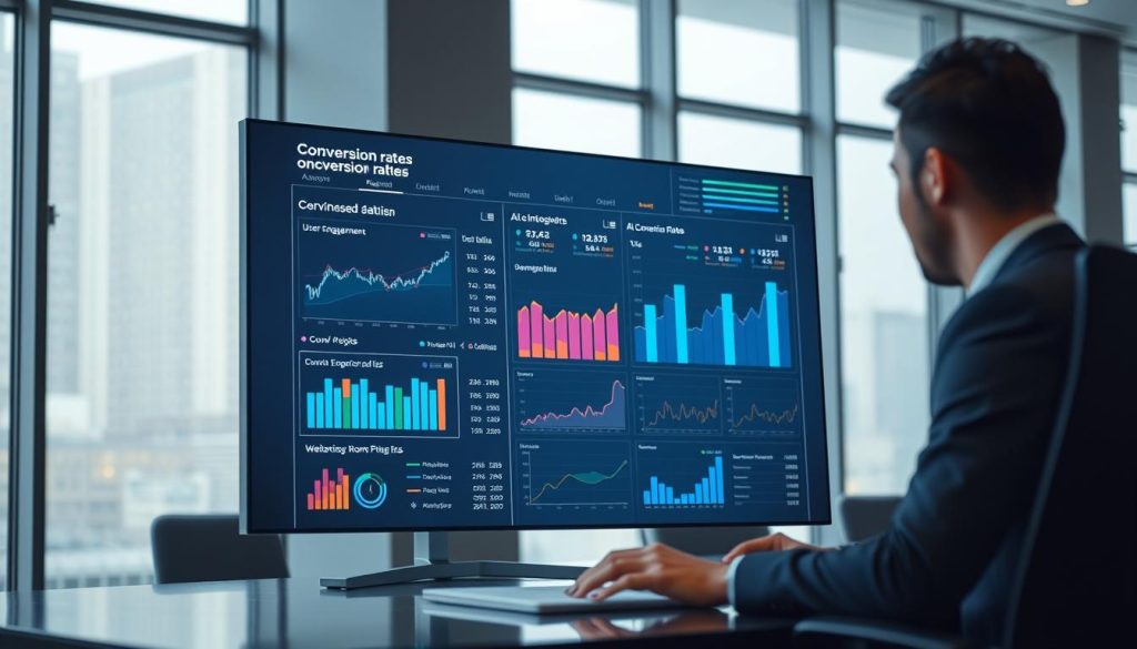 A modern AI dashboard illustrating conversion rate optimization, set in a sleek corporate environment. In the foreground, a large screen displays vibrant graphs and charts depicting metrics like user engagement and conversion rates, with interactive elements glowing softly. In the middle, a professional wearing business attire is analyzing the data, appearing focused and engaged. The background features a minimalist office space with large windows, allowing soft, natural light to illuminate the scene. The atmosphere conveys a sense of innovation and success, emphasizing the integration of AI in optimizing conversion rates. The composition is shot from a slightly elevated angle, giving a clear view of both the dashboard and the analyst’s workspace, enhancing the modern and professional mood.