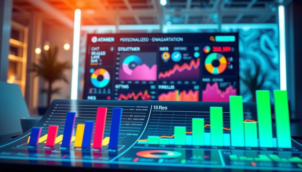 A modern AI-driven customer engagement metrics dashboard, showcasing vibrant and diverse data visualization elements such as bar graphs, pie charts, and performance indicators. In the foreground, detailed metrics include personalized email engagement rates and customer segmentation performance, represented with vivid colors for clarity and appeal. The middle ground features sleek, futuristic interfaces and digital graphs, alluding to real-time data processing. The background shows a softly illuminated, high-tech workspace atmosphere, with hints of abstract technology motifs and a large monitor displaying the dashboard. The scene captures a professional yet innovative mood, highlighting the effectiveness of AI personalization in customer engagement. The lighting is bright and focused, creating an engaging and informative environment.