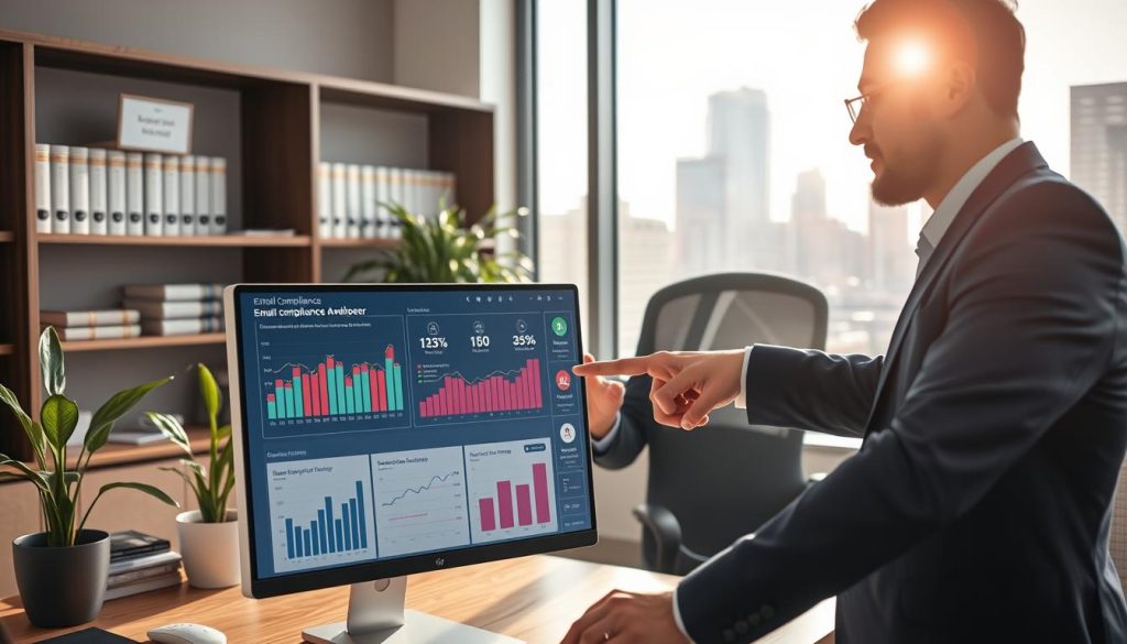 A modern AI email compliance automation dashboard, set in a sleek, well-lit office environment. The foreground features a detailed computer screen displaying vibrant graphs, charts, and analytics that illustrate email compliance metrics, with icons representing regulations and automation tools. In the middle, a professional individual in business attire is actively engaging with the dashboard, pointing at the screen with a thoughtful expression. Background elements include shelves with books on business law, a potted plant, and a large window that reveals a city skyline, bathed in natural sunlight. The atmosphere feels tech-savvy and focused, emphasizing a blend of innovation and compliance. The shot should be framed at a slight angle to highlight the interface and the person, capturing the essence of AI-driven compliance in the digital age.