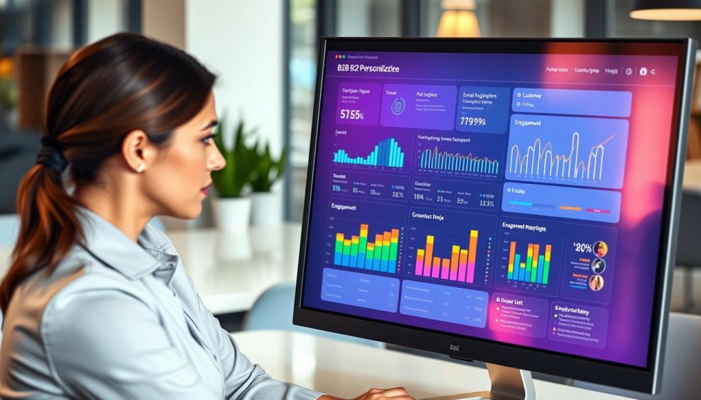 A modern B2B email personalization technology dashboard displayed on a sleek computer monitor, showcasing a vibrant user interface filled with colorful graphs and charts. In the foreground, a professional woman in business attire is interacting with the dashboard, analyzing the data with a focused expression. The middle layer features visually engaging metrics related to email open rates, customer segmentation, and engagement statistics, presented with clean lines and bright colors. The background includes a softly lit office environment with blurred elements like a conference table and potted plants, creating a productive atmosphere. The lighting is bright but warm, highlighting the screen and the professional, evoking a sense of innovation and efficiency in B2B communication strategies. A modern B2B email personalization technology dashboard displayed on a sleek computer monitor, showcasing a vibrant user interface filled with colorful graphs and charts. In the foreground, a professional woman in business attire is interacting with the dashboard, analyzing the data with a focused expression. The middle layer features visually engaging metrics related to email open rates, customer segmentation, and engagement statistics, presented with clean lines and bright colors. The background includes a softly lit office environment with blurred elements like a conference table and potted plants, creating a productive atmosphere. The lighting is bright but warm, highlighting the screen and the professional, evoking a sense of innovation and efficiency in B2B communication strategies.