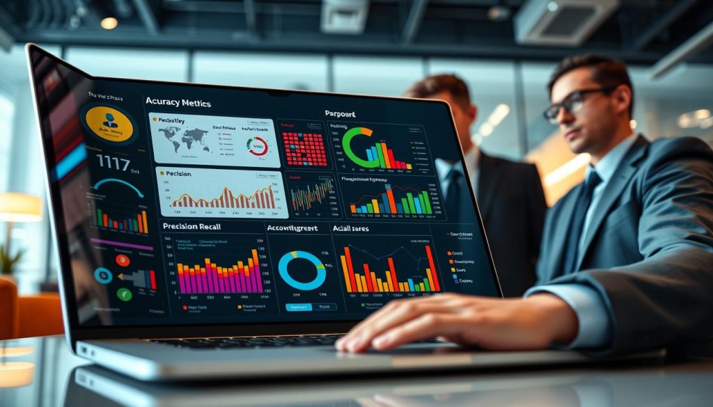 A modern digital dashboard displaying various AI personalization accuracy metrics, featuring colorful graphs, charts, and data visualizations that represent methods of accuracy measurement, such as precision, recall, and F1 score. The foreground includes a sleek laptop with a detailed screen, reflecting intricate dashboard elements, while the middle consists of professional analysts in smart business attire, studying the metrics intently. The background features a contemporary office setting with soft, ambient lighting to create a focused yet relaxed atmosphere. The angle should be slightly overhead, capturing the interaction between the analysts and the dashboard, with a depth of field that emphasizes the screen details and the engaged expressions of the analysts. A modern digital dashboard displaying various AI personalization accuracy metrics, featuring colorful graphs, charts, and data visualizations that represent methods of accuracy measurement, such as precision, recall, and F1 score. The foreground includes a sleek laptop with a detailed screen, reflecting intricate dashboard elements, while the middle consists of professional analysts in smart business attire, studying the metrics intently. The background features a contemporary office setting with soft, ambient lighting to create a focused yet relaxed atmosphere. The angle should be slightly overhead, capturing the interaction between the analysts and the dashboard, with a depth of field that emphasizes the screen details and the engaged expressions of the analysts.