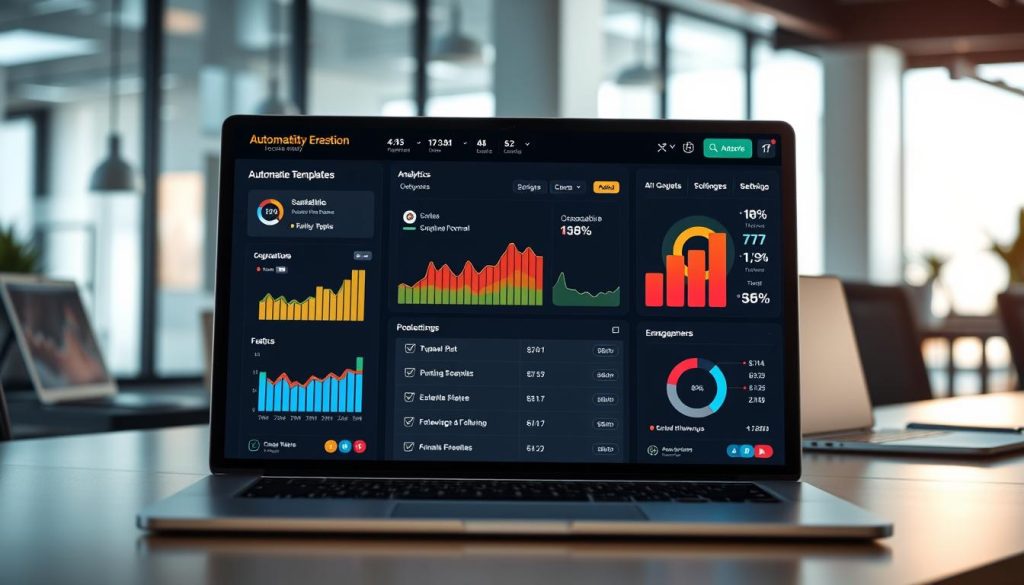 A modern digital dashboard showcasing AI tools for cold emailing, prominently featuring automation features like customizable templates, analytics graphs, and user engagement metrics. In the foreground, sleek, interactive panels display real-time data visualizations, with brightly colored charts and icons representing outreach success. The middle ground highlights a user interface with dropdown menus and settings for automated follow-ups. In the background, a contemporary office environment with soft, natural lighting, a blurred view of a laptop and professional documents. The atmosphere conveys innovation and efficiency, ideal for illustrating the advancements of AI in email outreach. The perspective is slightly angled to enhance depth, emphasizing the advanced technology at play.