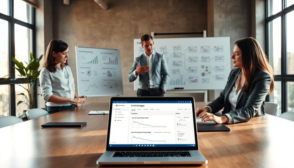 A modern office environment showcasing a diverse group of professionals collaborating around a large table. In the foreground, a woman in smart business attire examines a laptop screen displaying an AI-driven email tool interface, highlighting data analytics and personalization options. In the middle ground, a man gestures towards a digital whiteboard filled with charts and workflow diagrams related to AI email strategies. The background features large windows letting in warm, natural light, creating an inviting atmosphere. Soft shadows enhance the depth, and a plant in the corner adds a touch of greenery. The mood is focused, innovative, and collaborative, capturing the essence of implementing AI personalization strategies in email workflows. A modern office environment showcasing a diverse group of professionals collaborating around a large table. In the foreground, a woman in smart business attire examines a laptop screen displaying an AI-driven email tool interface, highlighting data analytics and personalization options. In the middle ground, a man gestures towards a digital whiteboard filled with charts and workflow diagrams related to AI email strategies. The background features large windows letting in warm, natural light, creating an inviting atmosphere. Soft shadows enhance the depth, and a plant in the corner adds a touch of greenery. The mood is focused, innovative, and collaborative, capturing the essence of implementing AI personalization strategies in email workflows.
