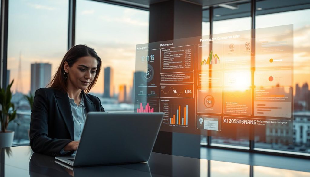 A modern office environment showcasing the concept of AI personalization enhancing conversion rates. In the foreground, a professional woman in business attire is attentively analyzing data on a sleek laptop. She has a look of concentration, surrounded by vibrant graphs and charts that display predictive analytics. The middle ground features a transparent glass screen displaying AI algorithms and personalized customer profiles. In the background, a large window reveals a city skyline with a sunset casting warm light across the office. Soft ambient lighting sets an inspiring mood, emphasizing innovation and technology. The scene captures a blend of professionalism and forward-thinking, illustrating the connection between AI personalization and improved conversion rates.