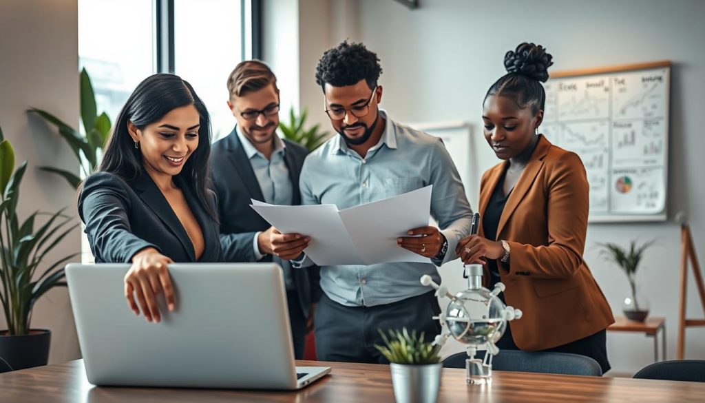 A modern office scene showcasing a diverse group of three professionals collaborating on AI-driven email campaigns. In the foreground, a woman of South Asian descent, dressed in smart business attire, is pointing at a laptop displaying analytics, her face illuminated by the screen's warm glow. In the middle ground, a white male colleague is reviewing a document while a Black woman, also in professional attire, leans over the laptop, analyzing data graphs. The background features a sleek office environment with plants, large windows letting in natural light, and a whiteboard filled with brainstorming notes. The mood is one of innovation and teamwork, conveying success and the positive impact of AI on business communication. The composition is captured with a slight wide-angle lens to enhance the dynamic feel.