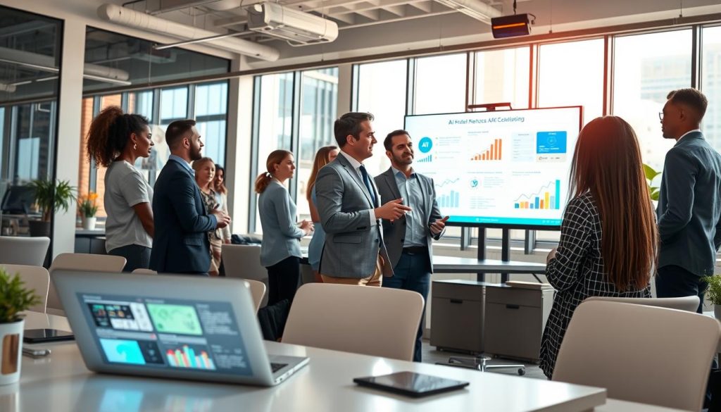 A modern office setting bustling with activity, showcasing a diverse group of professionals engaged in AI-driven outreach strategies. In the foreground, a businesswoman in formal attire analyzes data on a sleek laptop, visualizations reflecting successful email campaigns glowing on the screen. In the middle ground, a man in smart casual wear gives a presentation to colleagues, animated graphs and charts about AI personalization displayed on a large screen behind him. The background features a bright, open office space with urban views through large windows, natural light streaming in, creating an optimistic atmosphere. The overall mood is collaborative and innovative, symbolizing the successful integration of AI in marketing strategies. Use a wide-angle lens to capture the dynamic environment, ensuring a balanced composition. A modern office setting bustling with activity, showcasing a diverse group of professionals engaged in AI-driven outreach strategies. In the foreground, a businesswoman in formal attire analyzes data on a sleek laptop, visualizations reflecting successful email campaigns glowing on the screen. In the middle ground, a man in smart casual wear gives a presentation to colleagues, animated graphs and charts about AI personalization displayed on a large screen behind him. The background features a bright, open office space with urban views through large windows, natural light streaming in, creating an optimistic atmosphere. The overall mood is collaborative and innovative, symbolizing the successful integration of AI in marketing strategies. Use a wide-angle lens to capture the dynamic environment, ensuring a balanced composition.