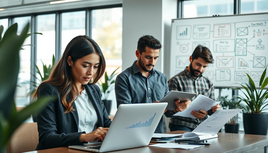 A modern office setting featuring a diverse group of professionals engaged in data collection for machine learning email personalization. In the foreground, a focused young woman in business attire examines a laptop, with graphs and charts on the screen displaying various data points. In the middle ground, a middle-aged man reviews documents, while a young man analyzes data on a tablet, all immersed in conversation. The background showcases a whiteboard filled with brainstorming notes and diagrams about email strategies, alongside potted plants adding greenery. The scene is brightly lit with soft natural light filtering through large windows. This image conveys a collaborative and innovative atmosphere, highlighting the importance of data in enhancing email personalization. A modern office setting featuring a diverse group of professionals engaged in data collection for machine learning email personalization. In the foreground, a focused young woman in business attire examines a laptop, with graphs and charts on the screen displaying various data points. In the middle ground, a middle-aged man reviews documents, while a young man analyzes data on a tablet, all immersed in conversation. The background showcases a whiteboard filled with brainstorming notes and diagrams about email strategies, alongside potted plants adding greenery. The scene is brightly lit with soft natural light filtering through large windows. This image conveys a collaborative and innovative atmosphere, highlighting the importance of data in enhancing email personalization.