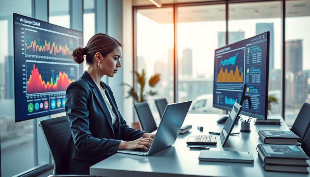 A modern office setting showcasing a computer screen displaying colorful, dynamic graphs and data related to machine learning algorithms for email customization. In the foreground, a professional businesswoman, dressed in smart attire, analyzes data on her laptop, looking thoughtful. The middle ground features a sleek desk with tech gadgets, AI-themed books, and digital devices, while the background includes a large window, illuminating the room with natural light and providing a view of a bustling cityscape. The atmosphere is focused and innovative, highlighting the intersection of technology and personalized communication. The lighting is bright and clean, with a slight depth of field effect to emphasize the subject and create an engaging composition. A modern office setting showcasing a computer screen displaying colorful, dynamic graphs and data related to machine learning algorithms for email customization. In the foreground, a professional businesswoman, dressed in smart attire, analyzes data on her laptop, looking thoughtful. The middle ground features a sleek desk with tech gadgets, AI-themed books, and digital devices, while the background includes a large window, illuminating the room with natural light and providing a view of a bustling cityscape. The atmosphere is focused and innovative, highlighting the intersection of technology and personalized communication. The lighting is bright and clean, with a slight depth of field effect to emphasize the subject and create an engaging composition.