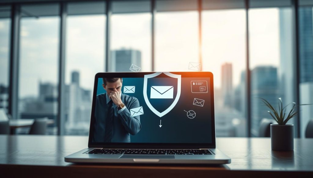 A modern office space representing challenges in data privacy during email marketing, with a foreground showing a laptop displaying a perplexed email marketer analyzing data compliance guidelines. The middle layer includes an abstract representation of a digital shield, symbolizing data protection, surrounded by email icons conveying privacy concerns. In the background, a blurred city skyline through a large window suggests a bustling business environment. Soft, diffused lighting illuminates the scene, creating a professional and serious atmosphere. The angle should emphasize the laptop and digital shield while subtly capturing the office ambiance. The mood is thoughtful and focused, conveying the complexities of personalizing emails without CRM while navigating compliance challenges. A modern office space representing challenges in data privacy during email marketing, with a foreground showing a laptop displaying a perplexed email marketer analyzing data compliance guidelines. The middle layer includes an abstract representation of a digital shield, symbolizing data protection, surrounded by email icons conveying privacy concerns. In the background, a blurred city skyline through a large window suggests a bustling business environment. Soft, diffused lighting illuminates the scene, creating a professional and serious atmosphere. The angle should emphasize the laptop and digital shield while subtly capturing the office ambiance. The mood is thoughtful and focused, conveying the complexities of personalizing emails without CRM while navigating compliance challenges.